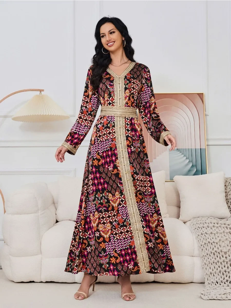 Vestido de fiesta con estampado musulmán Eid para mujer, Vestidos largos con cordones Jalabiya Abaya Ramadán, Abayas, bata tipo kimono para mujer, caftán 2024