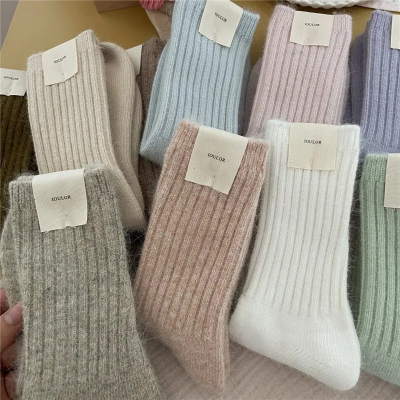 

Double Knit Mid Calf Socks for Girl Rabbit Furry Solid Color Thermal Winter Socks Thick Ins Minimalist Warm Bunny Plush Sock