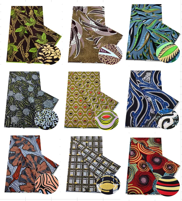 

2 + 4 Yards Ankara Afrikaanse Gouden Stof Kente Glitter Echte Wax Nigeria Ghana Stijl Tissuin Naaien Jurk Ambacht Diy 100% Katoe