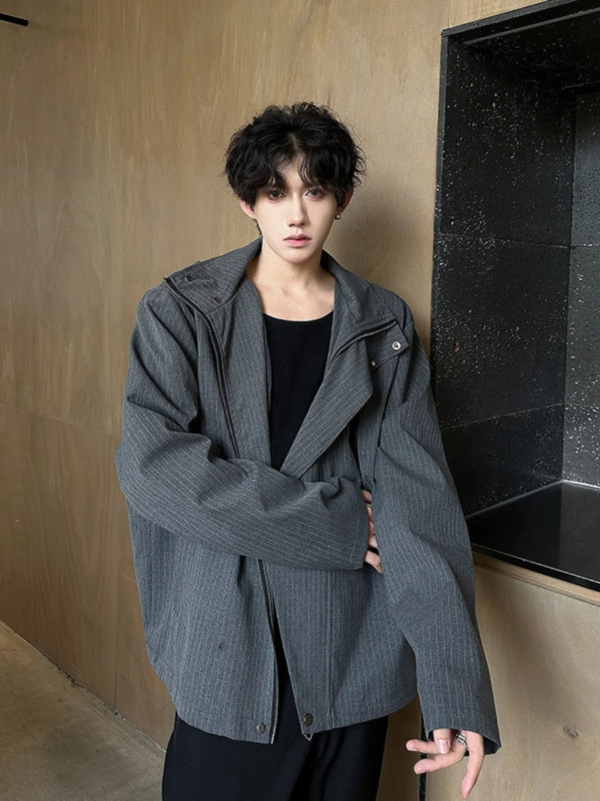 

American Retro ey Striped Suit Jaet Hooded Men's Faion Streetwear Cleanfit Parka Coat Youth ular Autumn Winter Jaet