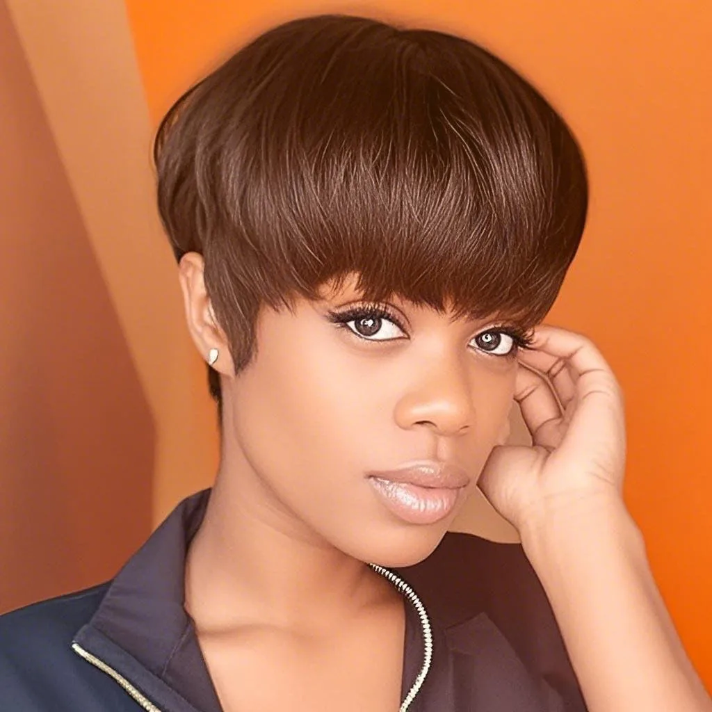 باروكة بيكسي مصنوعة آليًا باللون الأسود والبني للاستخدام اليومي للحفلات، باروكة شعر بشري قصيرة مفرودة بقص عابث #1