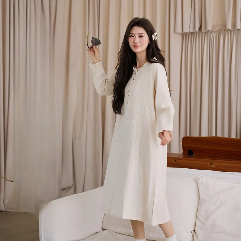 Soft & Elegant Women's Cotton Linen Sleep Dress, Featuring Ruffle Collar and Button Front for Ultimate Comfort and Breathability