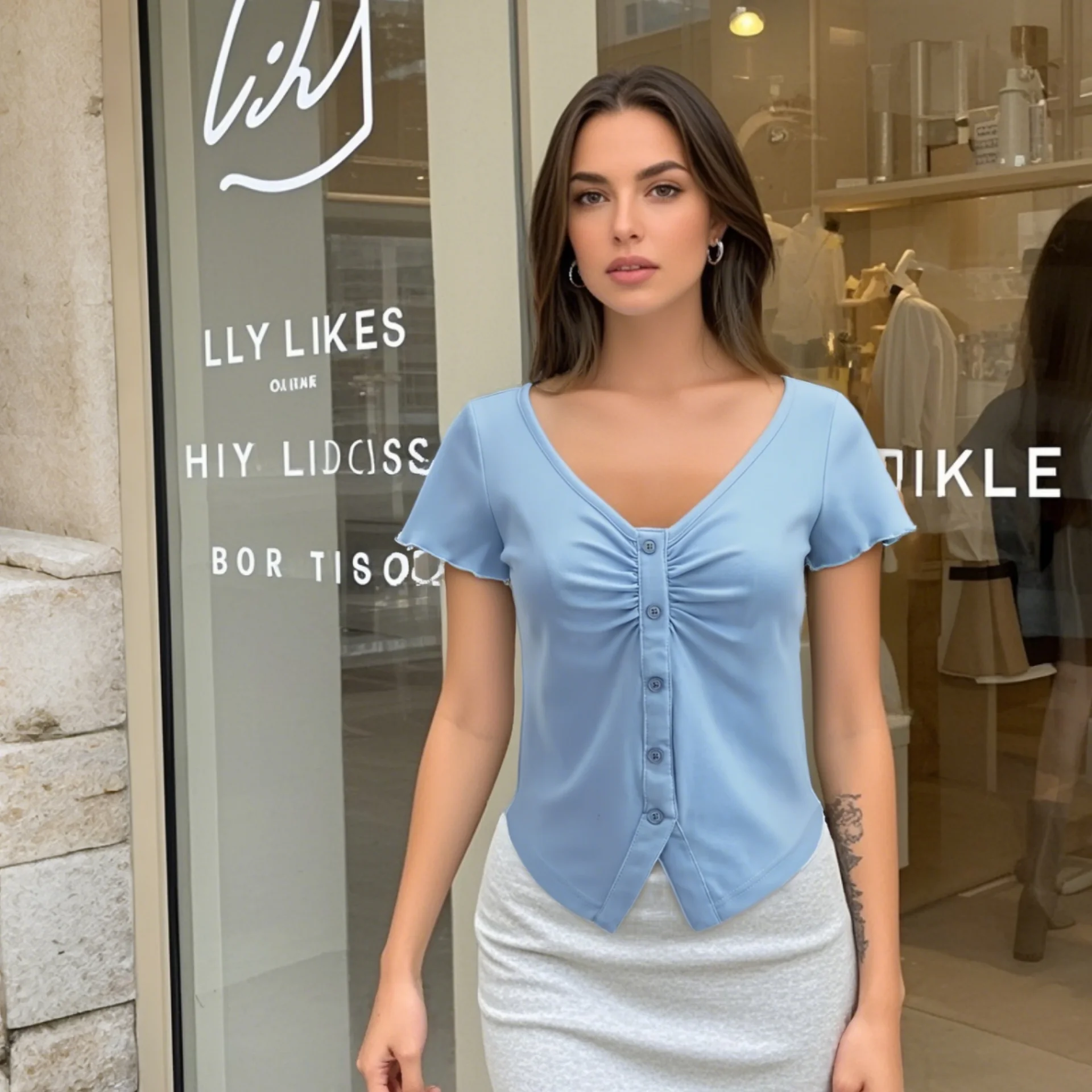 

2025 New Women's Short - sleeve T - shirt V - neck with Ruched Detail and Button Decoration for a Stylish and Trendy Look y2k