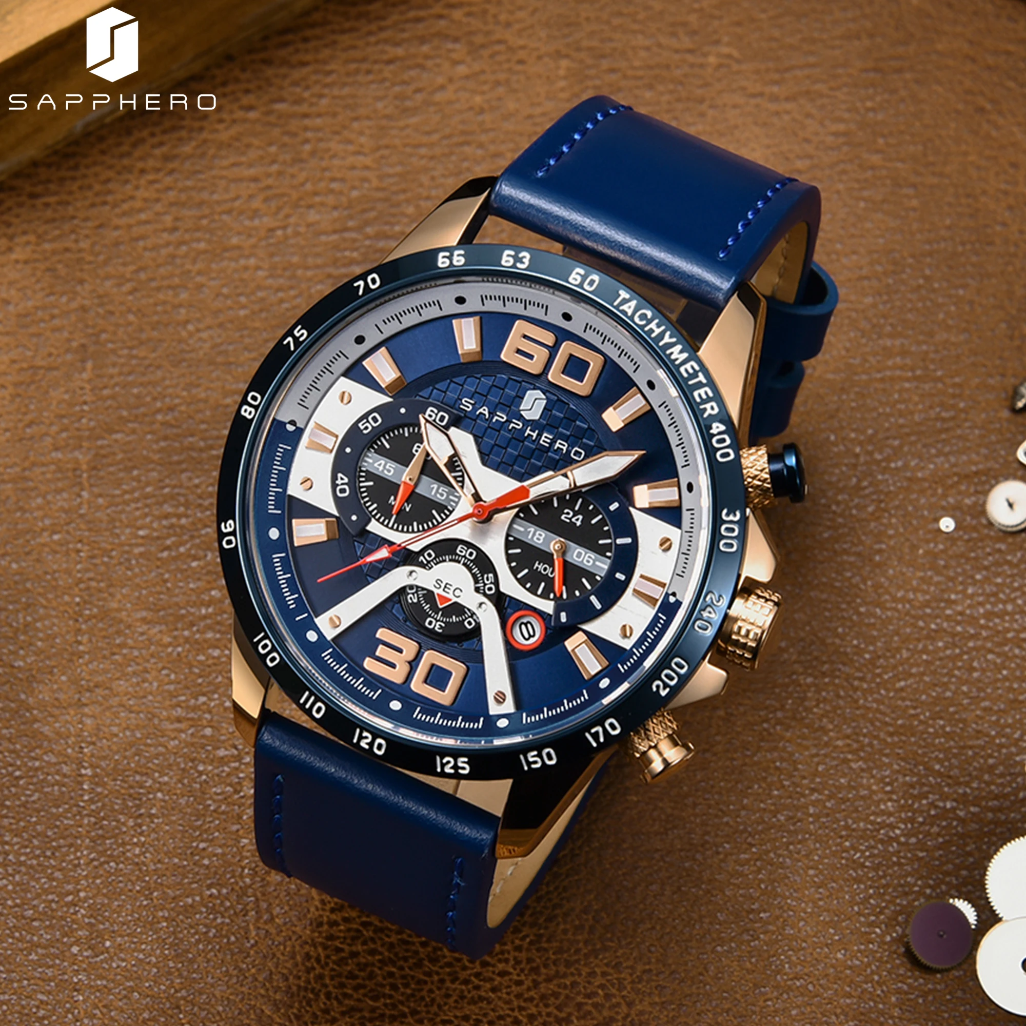 

SAPPHERO спортивные мужские часы из розового золота, кожаный ремешок, светящийся водостойкий хронограф, кварцевые часы, мужские аксессуары