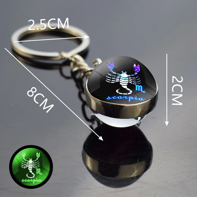Glow In The Dark 12 Constellation Key Ring Double-Sided Zodiac Glass Ball Metal Keychain Pendant Key Chain Birthday Gift