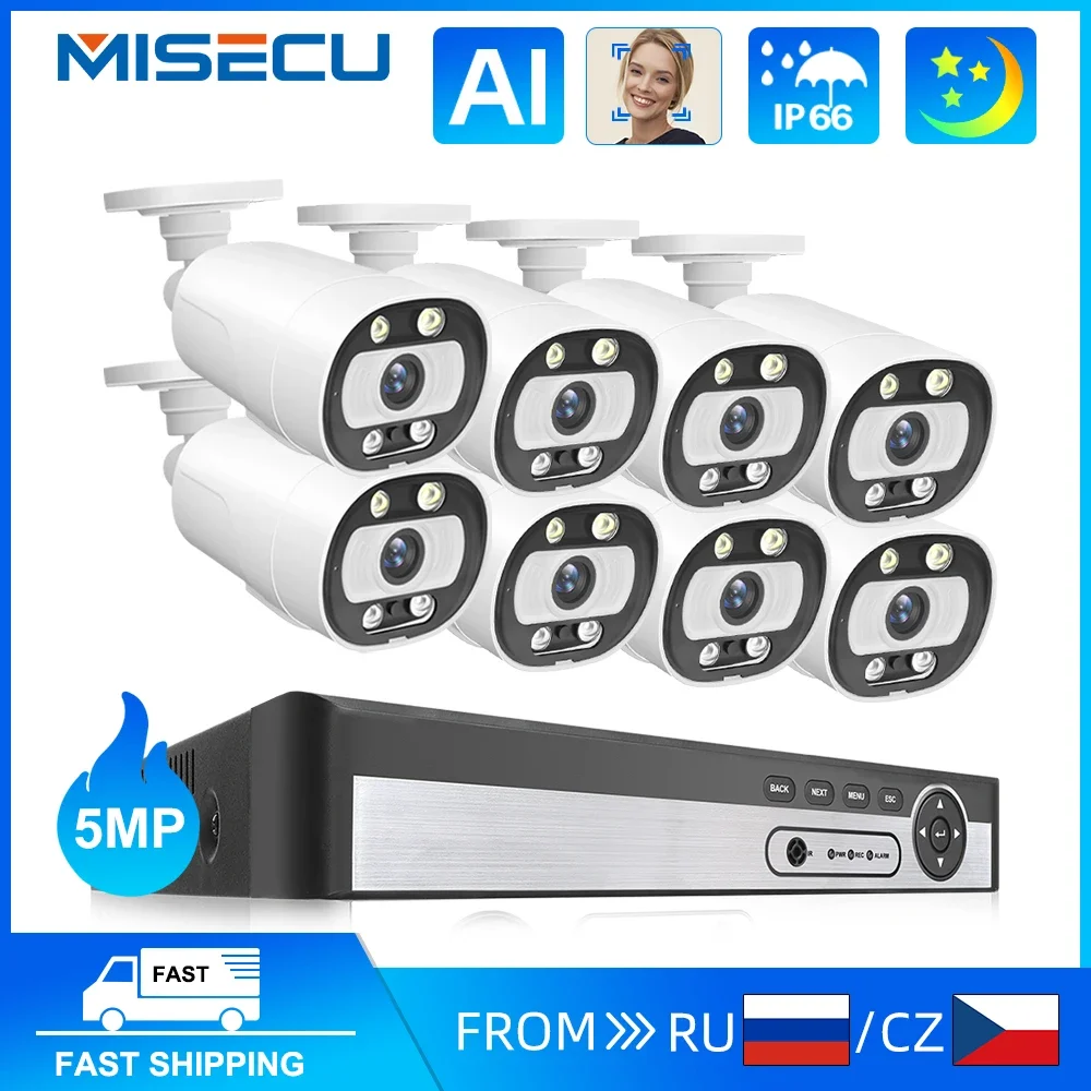 MISECU 8CH 5MP POE CCTV Security Camera System AI Face Detect Two Way Audio Outdoor Color Night Vision Video Surveillance Kits