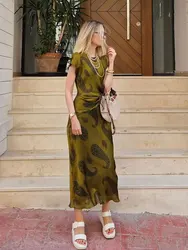 HH 2024 Woman Buttons Folds Decorate Casual Slim Party Dress Women Summer O-Neck Sleeveless Vintage Printed Midi Dress