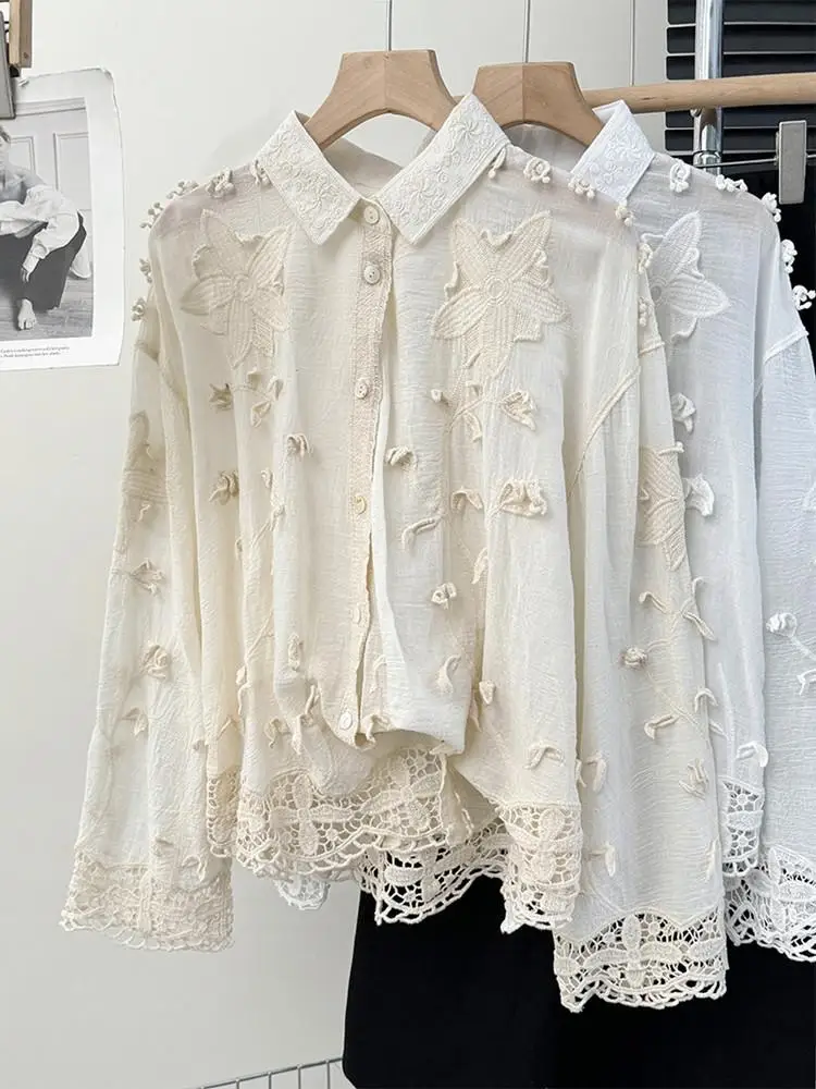 

Korean Women Sweet and Gentle Embroidered Flower Shirt Autumn New Fashion Casual Long Sleeved Hollow Loose Women's Shirt Top