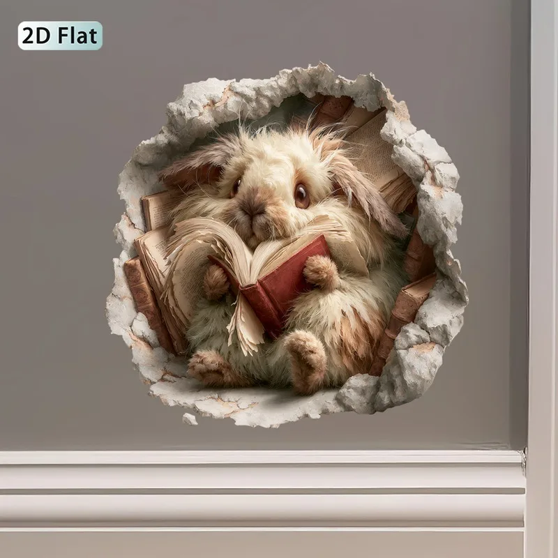 VIKAMA Fluffy Rabbit Reading Old Books Wall Sticker Cute Xmas Winter Self-Adhesive Decor for Living Room Bedroom Dorm