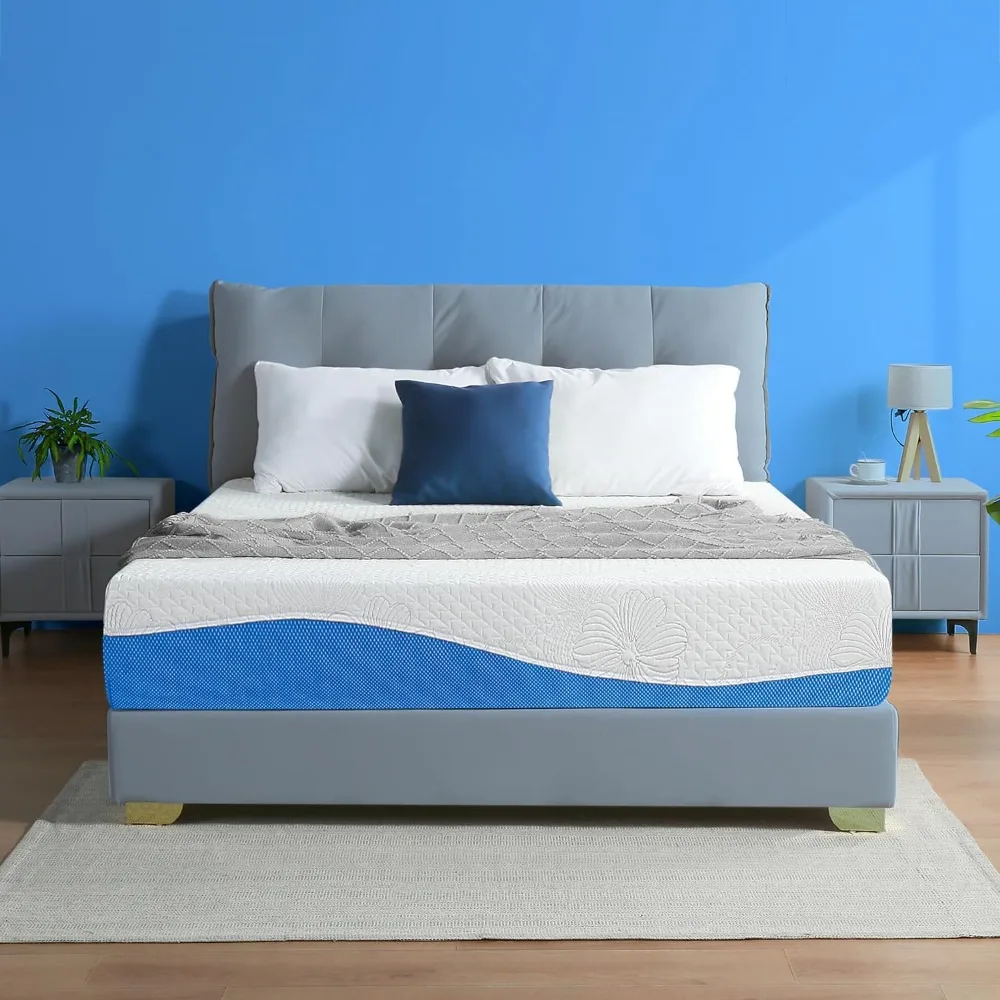 

10 Inch Gel Memory Foam Mattress, Gel Infused for Comfort and Pressure Relief Certified Bed-in-a-Box Medium Firm, Blue King Size