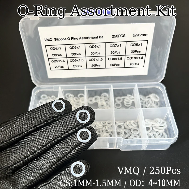 

250PCS Food Grade CS 1mm/1.5mm OD 4mm~10mm VMQ Silicone O-Rings Assortment Kit Seals High Temp Resistant Eco-friendly non-toxic