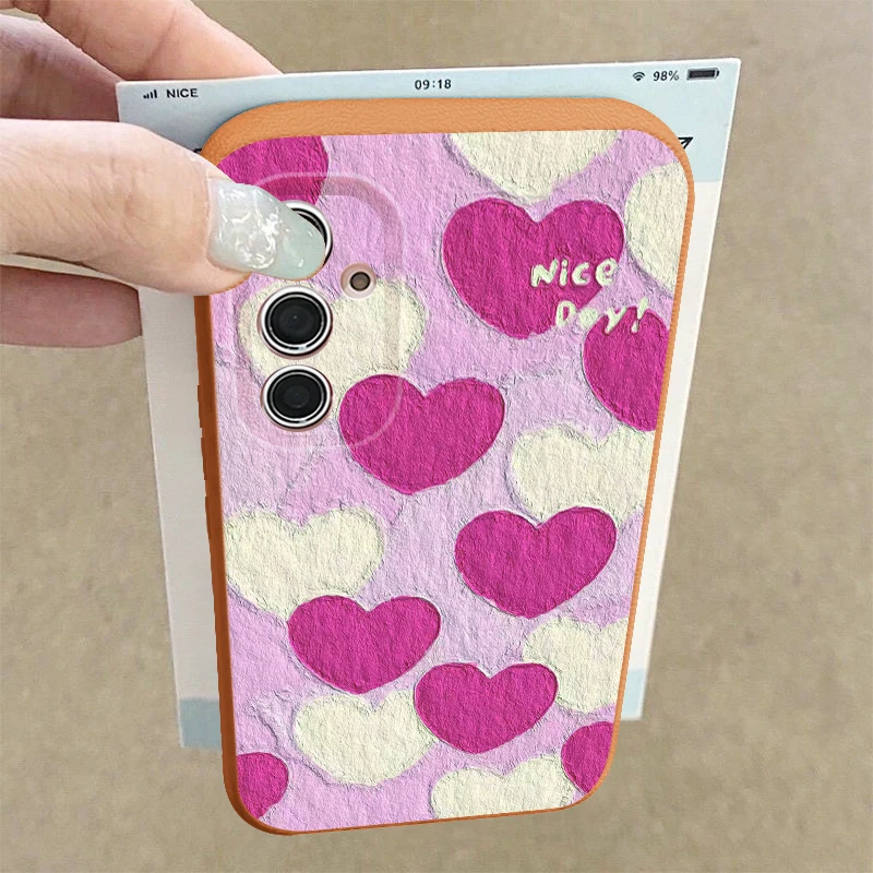 Cartoon Hearts Case For Samsung Galaxy A57 A37 A56 A17 A16 A55 5G S25 FE S26 S24 S23 S22 Ultra Leather Texture TPU Phone Cover