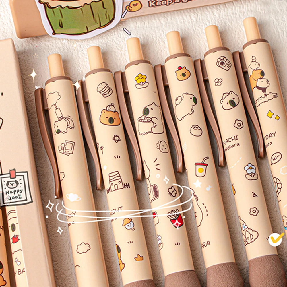 6PCS/Box ST Tip Capybara Neutral Pen Soft Cloud Grip Press Type Ballpoint Pen School Supplies Quick Drying Writing Tools Student
