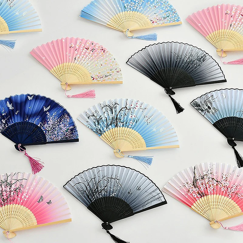 Vintage Silk Folding Hand Fan Chinese Bamboo Fans Craft Gifts Women Dance Performance Props Home Decoration Ornaments