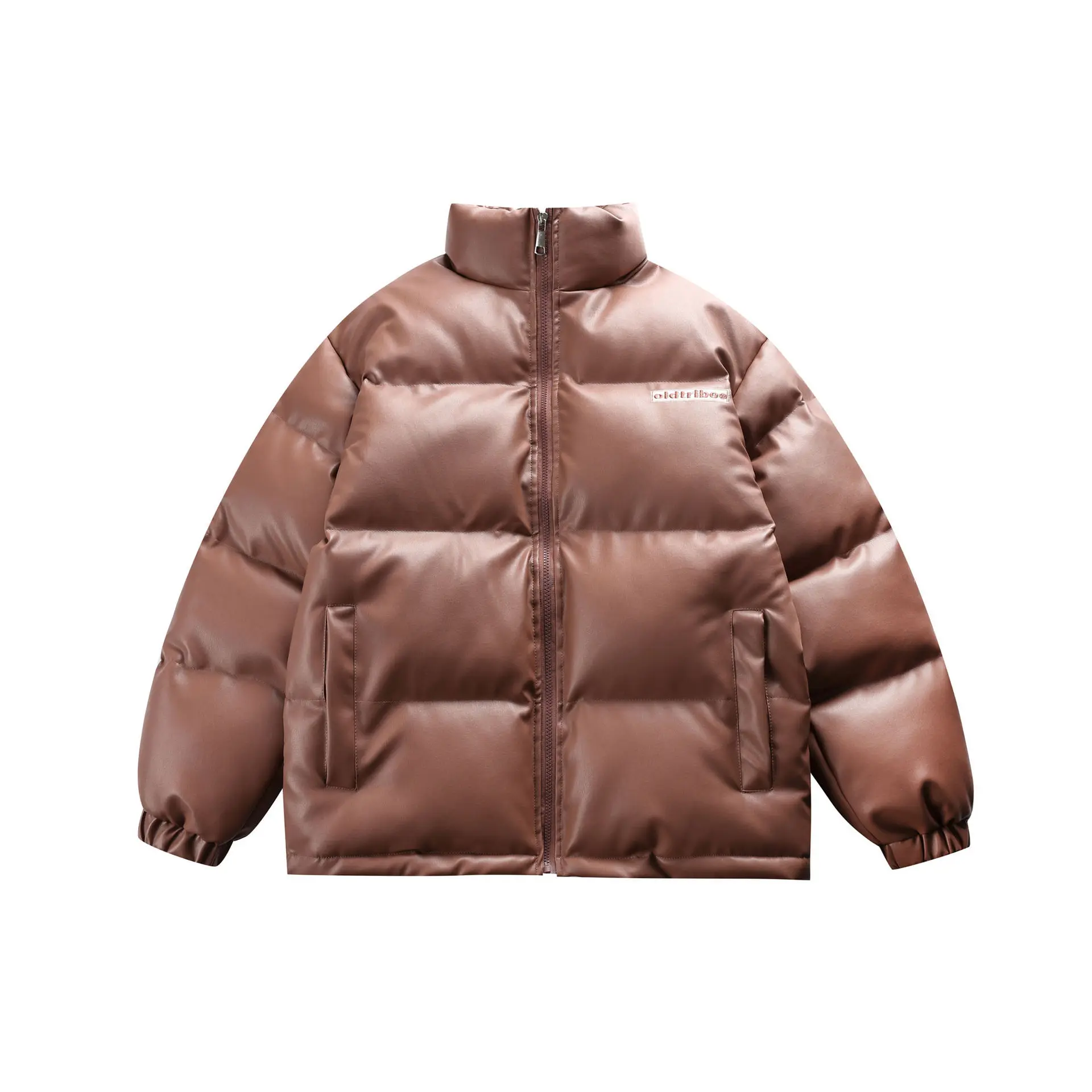 Men's Fashion Puffer Parkas Cotton Padded Thick Warm Puffy Overcoat Faux Leather Windproof Outerwear Winter Thermal Jacket