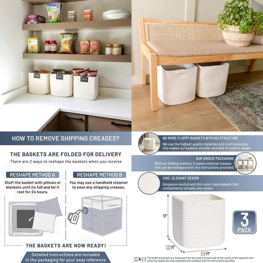 

11-дюймовые плетеные корзины-кубы из хлопковой веревки, набор из 3 штук | Органайзеры для хранения на полках, для классов, игрушек, шкафов, детских комнат