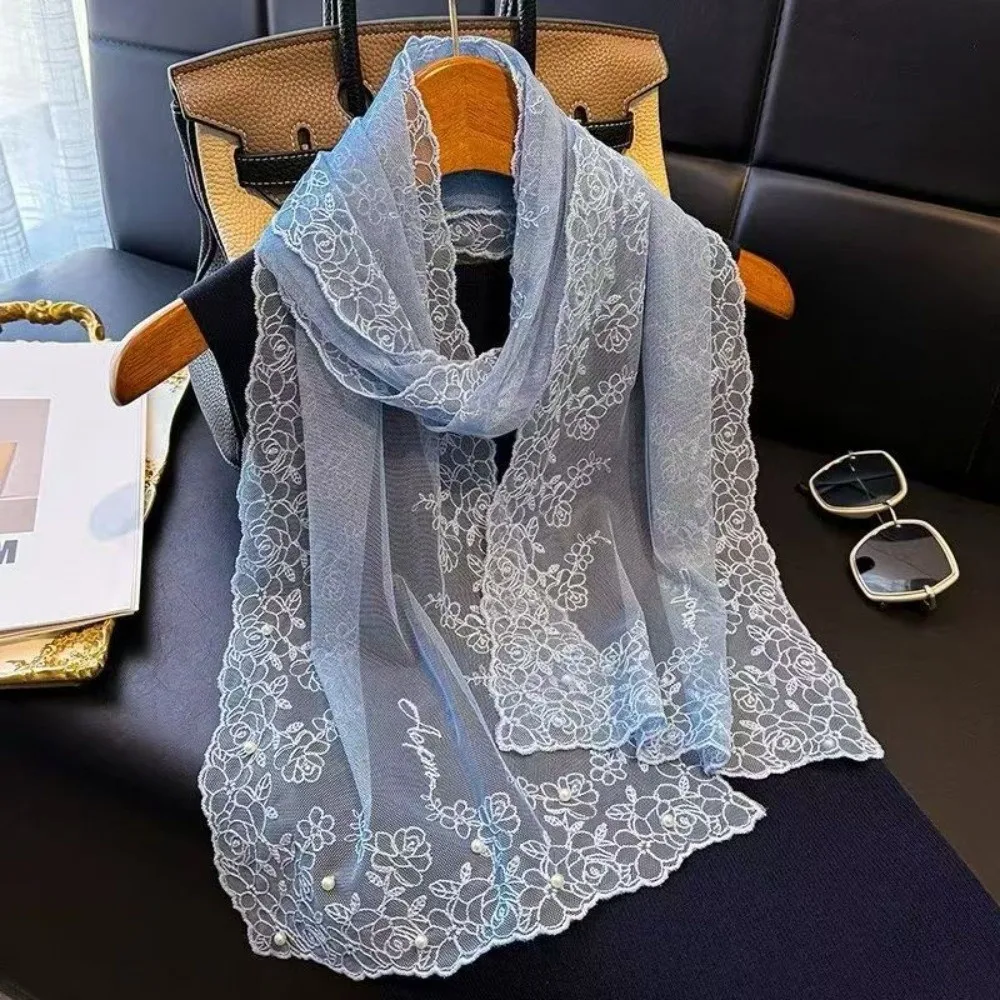 

Elegant Embroidered Flower Lace Scarf Lightweight Long Female Headscarf Breathable Mesh Sunscreen Shawl Spring