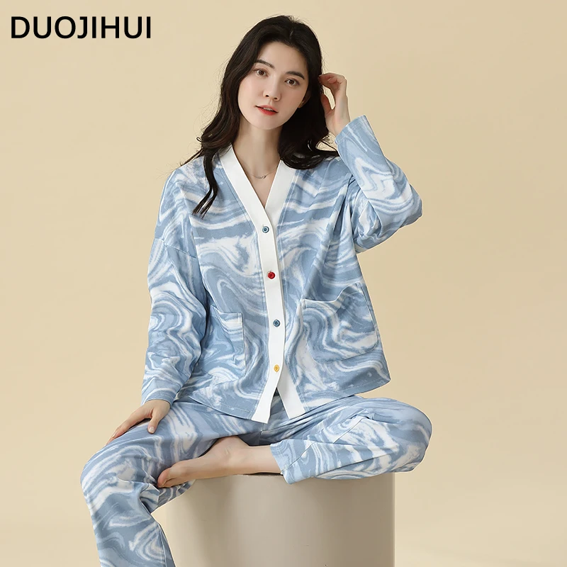 DUOJIHUI Chic Button Cardigan Loose Pant Casual Pajamas for Women Autumn Korean Contrast Color Fashion Simple Female Pajamas Set