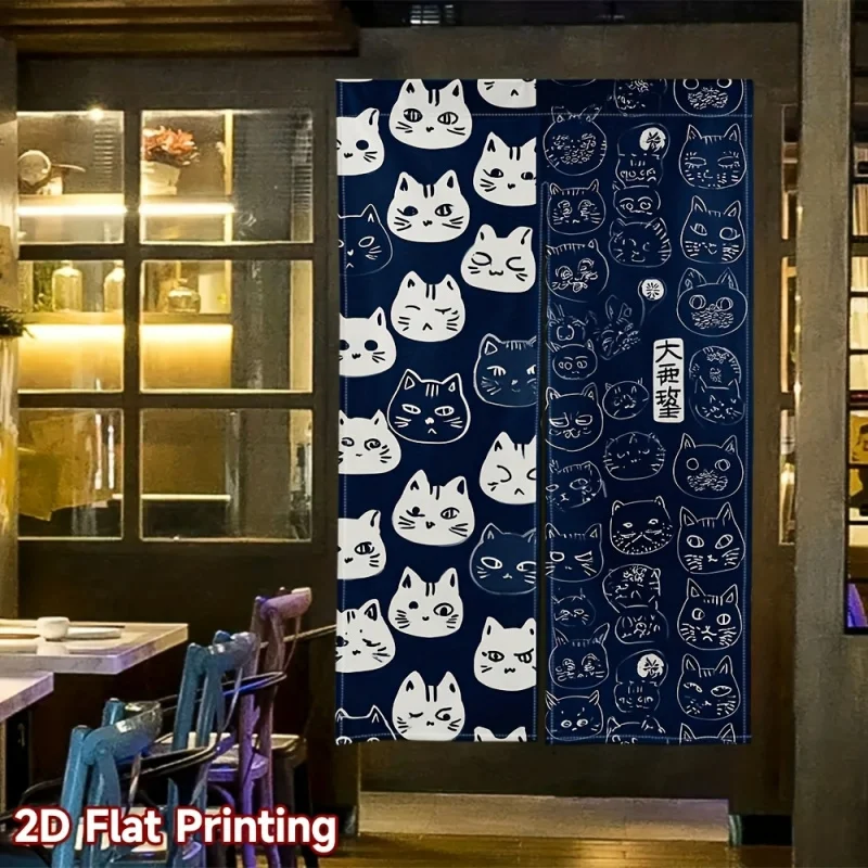 VIKAMA Navy Blue Cat-Faced Curtain, 2D Printed Kitchen And Bathroom Half Curtains, Machine Washable Home Decoration Curtains