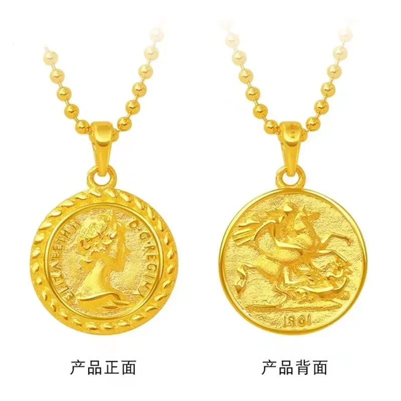 

9999 real gold 24K yellow gold Women's Double-Sided Queen Necklace with Round Beads