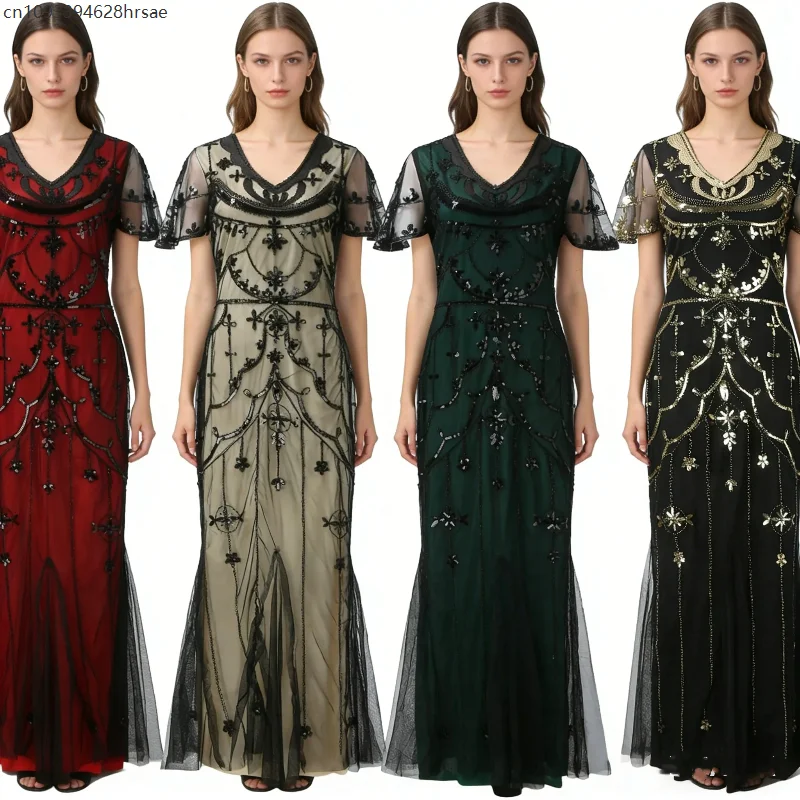 

Sexy Vintage Flapper Dresses Sequin Mesh Luxury Queen Long Dress for Women Cocktail Party Evening Dress Robe Fishtail Skirt