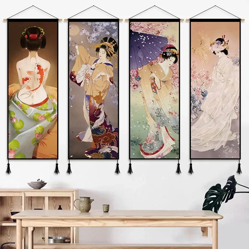 Japanese Lady Figure Cloth Art Hanging Painting and Wind Background Wall Decoration Painting Tapestry Cloth in Porch Bedroom