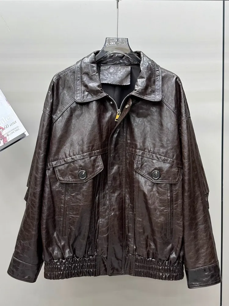 الخريف خمر النفط الشمع معطف جلد الغنم عادية فضفاضة تناسب المرأة سترة جلدية حقيقية ترتيب الأسرة طوق ملابس خارجية سترة واقية الإناث