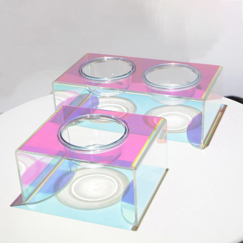 

Color Acrylic Elevated Pet Stand with Glass Bowls for Cat&Dog, Rainbow Acrylic Raised Dog Cat Food and Water Bowls Stand Feeder