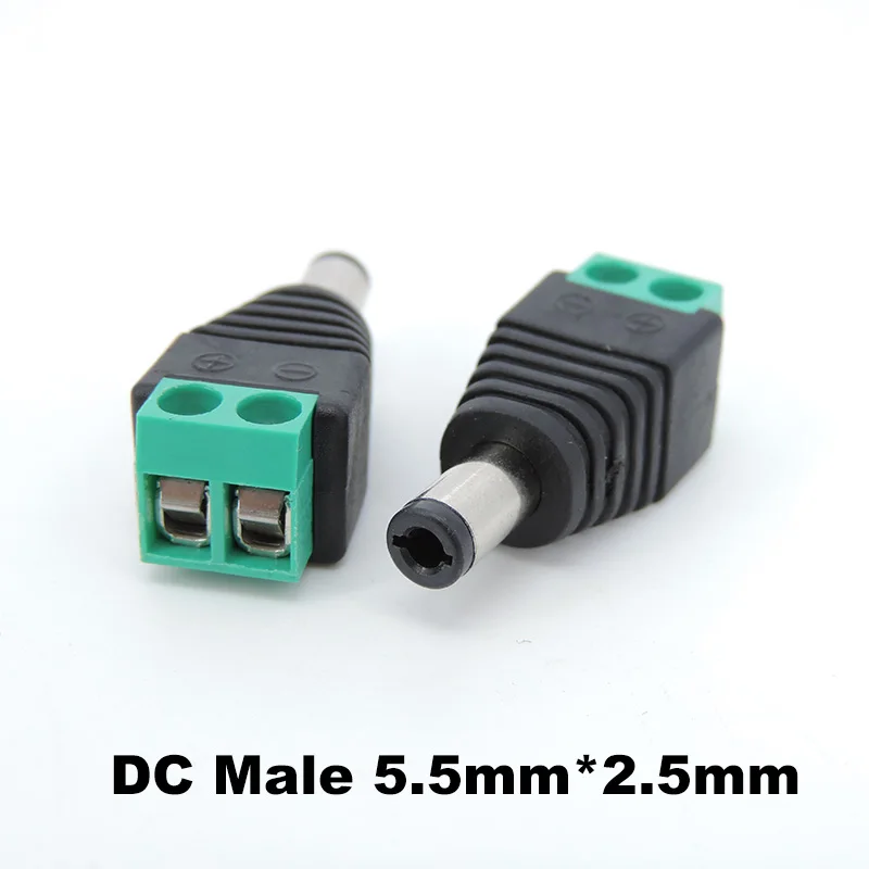 DC Power macho Plug Jack adaptador, conector Plug para CCTV, luz LED de cor única, H2, 12V, 2.5x5.5mm, 5.5x2.5mm