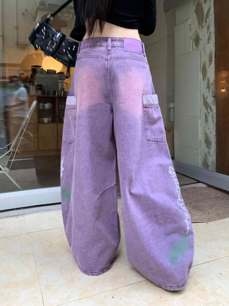 2026 Ropa Y2K Fashion Contrast Color Vintage Purple Baggy Women's Jeans Pants For Woman Clothing Wide Leg Gothic Long Trousers