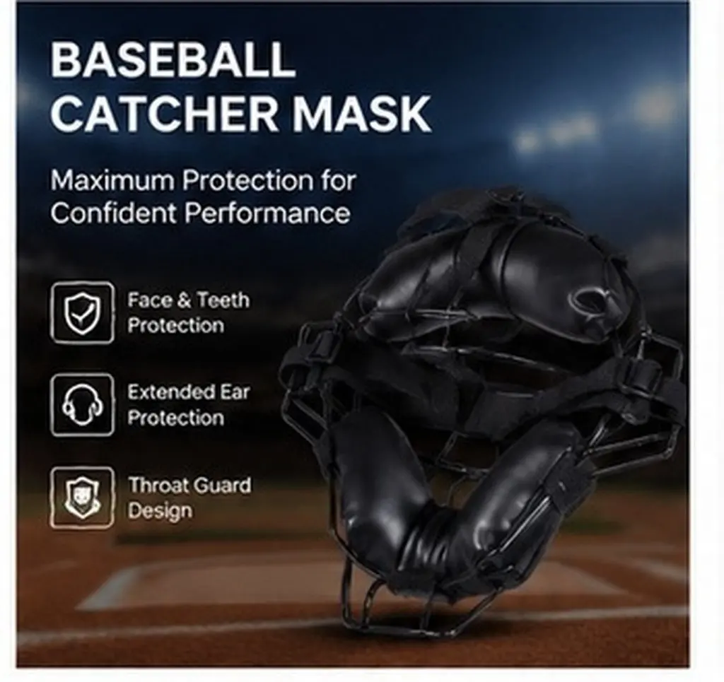 Black Baseball Catcher Mask Adults PU Foam Padding Wire Frame Extended Ear Throat Guard Enhanced Mobility Confidence Full Face