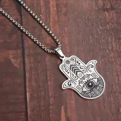 Spiritual Fatima Hand Hamsa Pendant Necklace Silver Color Evil Eye Vintage Jewelry Personality Men's Women's Necklace