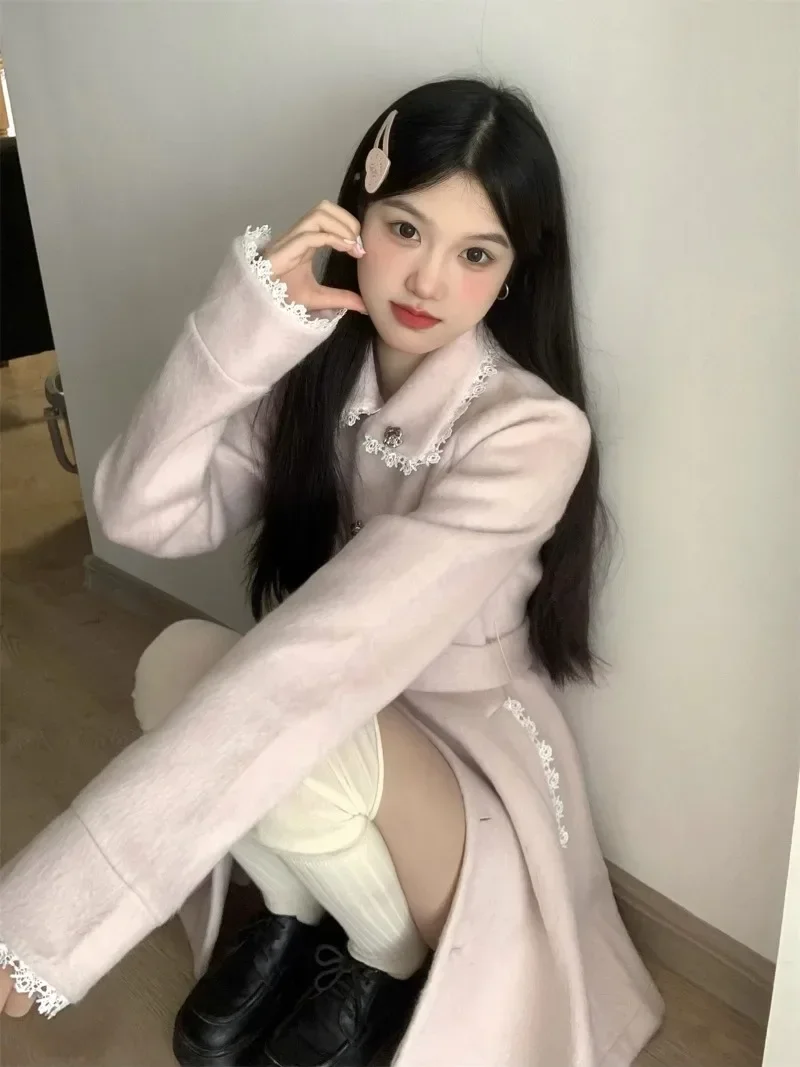 معطف صوفي متوسط الطول وردي اللون من Sweet Hot Girl للنساء للخريف والشتاء معطف صوفي برباط علوي ملابس نسائية عصرية