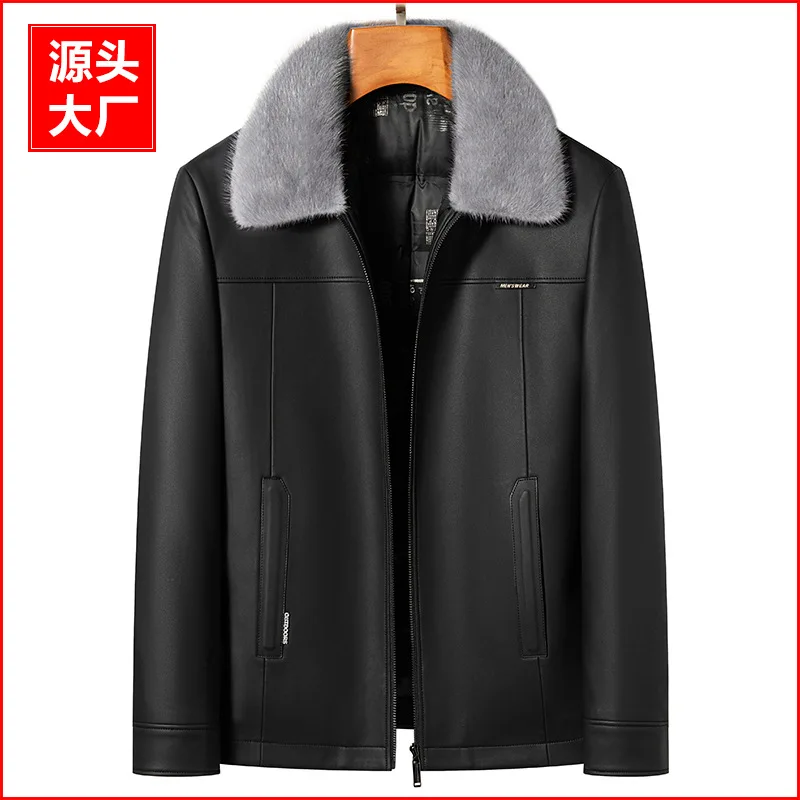 

YN-2285 Winter Men's Lapel Leather Down Jacket Fashion Casual White Duck Down Liner Filled Warm Black Lake Blue Thick Coat