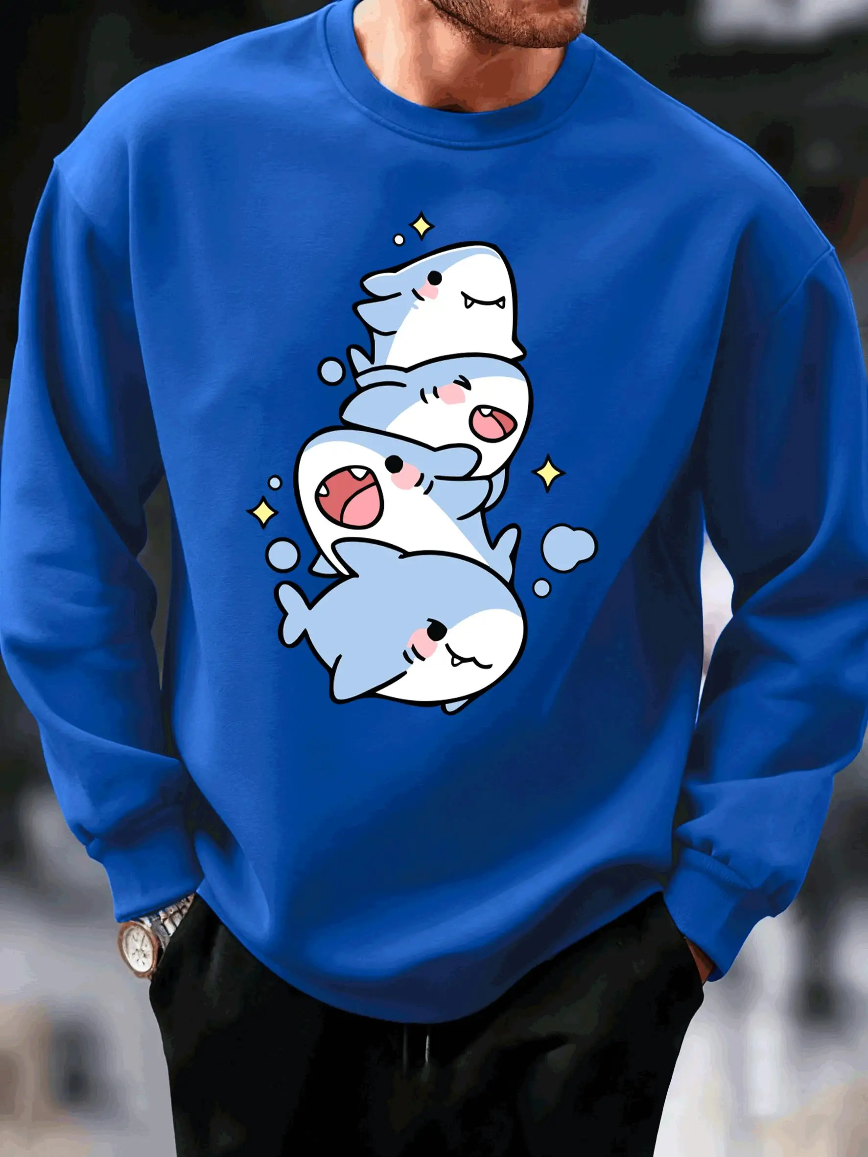 Cartoon Cute Shark Printing Men'S Sweatshirt Street Crewneck Pullover Loose Autumn Streetwear Casual Fleece Unisex Clothes