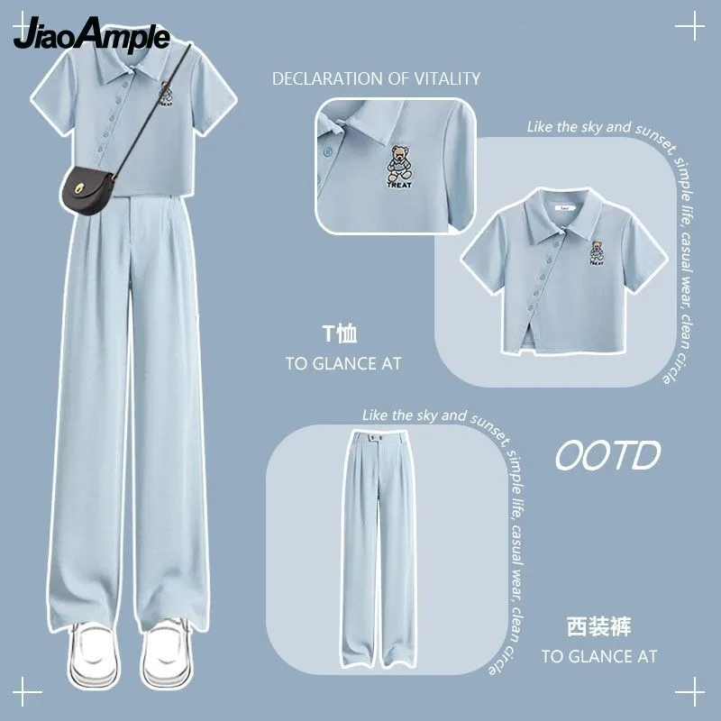 2024 Summer New in Matching Set Women's Cute Short Sleeve T-shirt Casual Suit Pants Two Piece Korean Elegant Tracksuit Suits