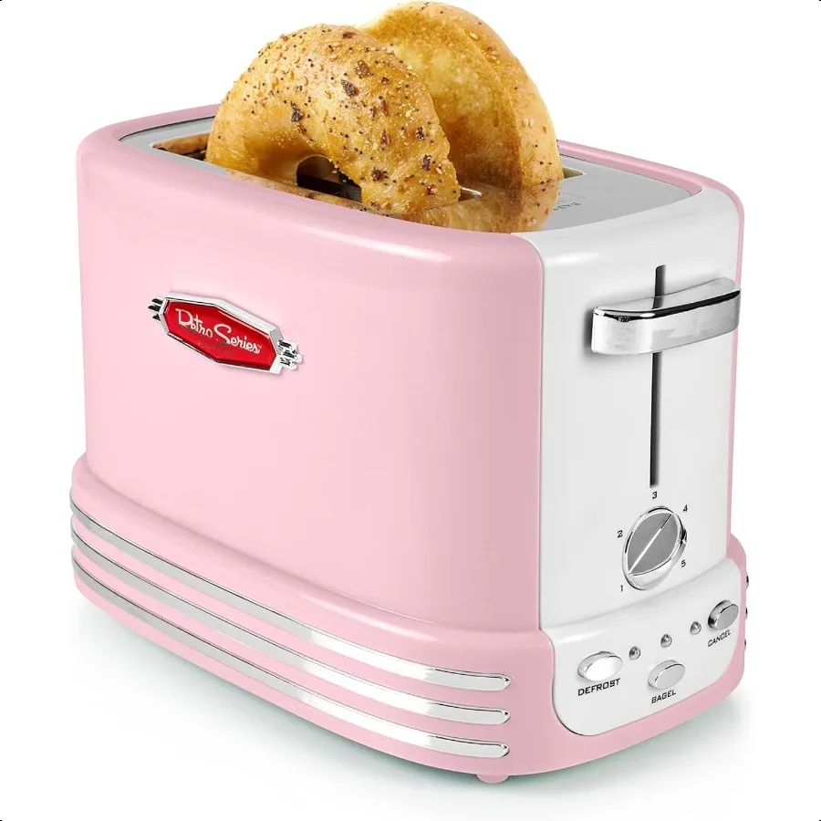 

Retro Wide 2Slice Toaster Design With Crumb Tray Cord Storage 5 Toasting Levels Pink