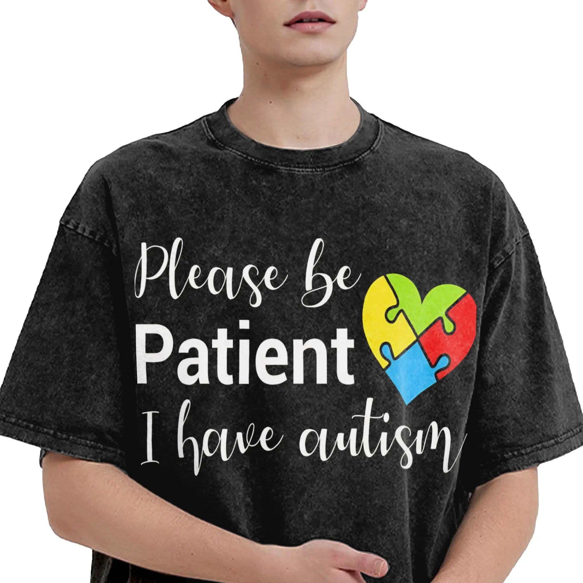 Please Be Patient I Have Autism Washed T Shirt Streetwear Hip Hop Fashion T-Shirts  Tees Tops Men Women Short Sleeve High Street
