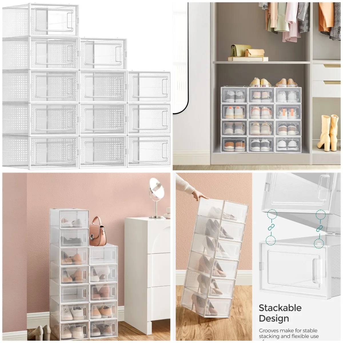 

Shoe Boxes, Pack of 12, Stackable Clear Plastic Storage, 13.1 x 9.1 x 5.6 in, for Sneakers, ULSP12SWT