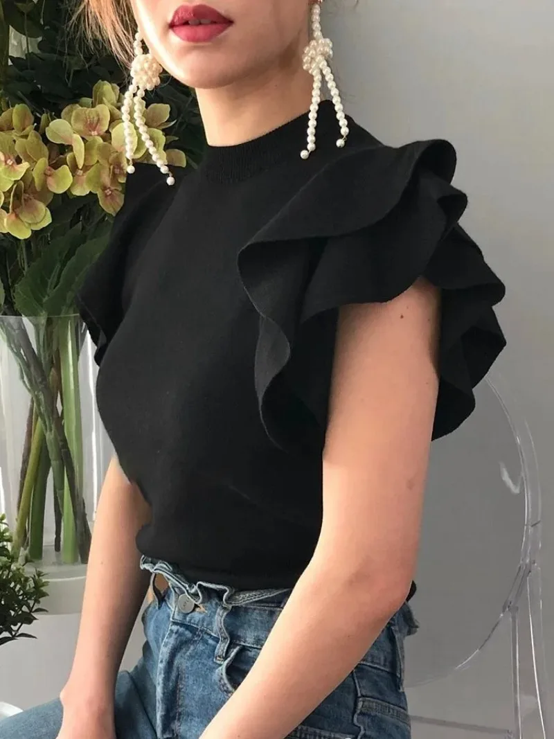 2023 Summer Korean Half Turtleneck Ruffle Sweet Pullover Knitwear New Causal Solid Slim Knitted Tops Women Tops Jumper Indie Y2k