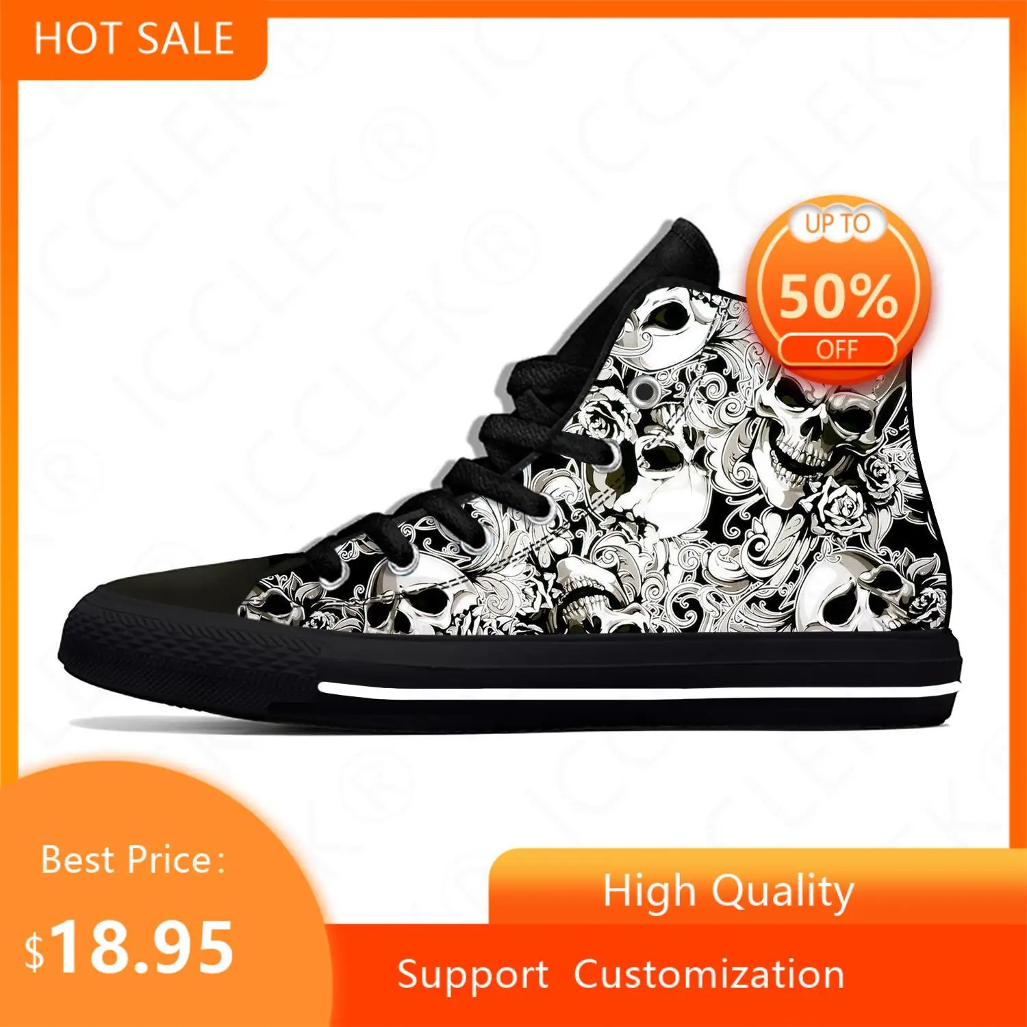 Hot SKull PAisley Gothic Goth Horror Punk Scary Cool High Top Breathable Mens Womens Summer Sneakers Lightweight Casual Shoes