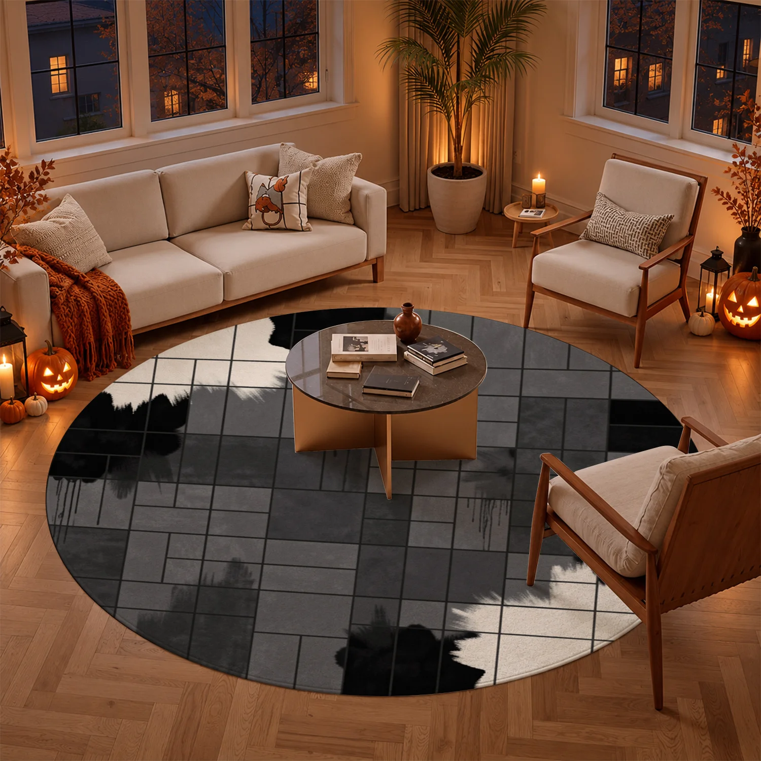 Abstract Black Gray Ink Grid Pattern Round Velvet Rug, Soft Velvet Floor Mat, Machine Washable, Ideal for Living Room, Bedroom, Office, Dining Room, Perfect for Halloween, Thanksgiving, Black Friday, Christmas, New Year Home Decor