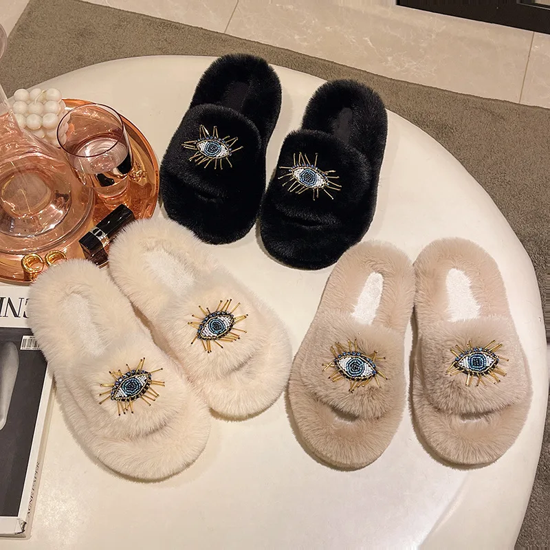 Women Winter Fashion Soft Warm New Comfort Flat Fur Slipper Outside Fluffy Slippers Indoor Soft Plush Shoe Women luxury Slippers