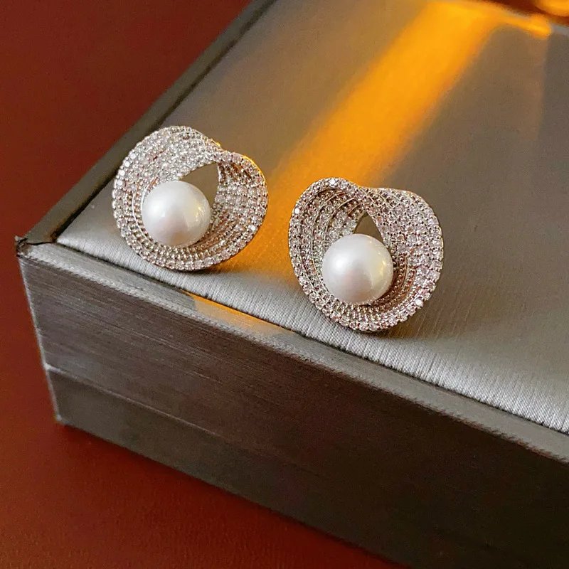 ZAKOL Luxury AAA Zircon Round Pearl Earrings for Women Irregular Stud Earring Temperament Wedding Party Jewelry image 3