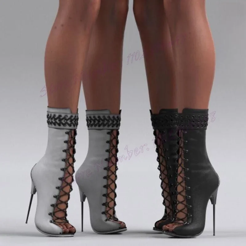 Botas de tacón de Metal con cordones negros, Zapatos con punta abierta y agujeros Para Mujer, tacones altos, Zapatos sexis Para Mujer 2024