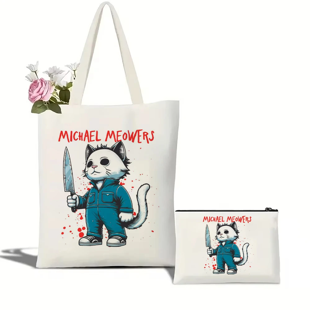 

Michael Meowers Cat Halloween Tote Bag Set Women Shoulder Handbag Cosmetic Bag Canvas Large Capacity Shopping Bag Travel Pouch