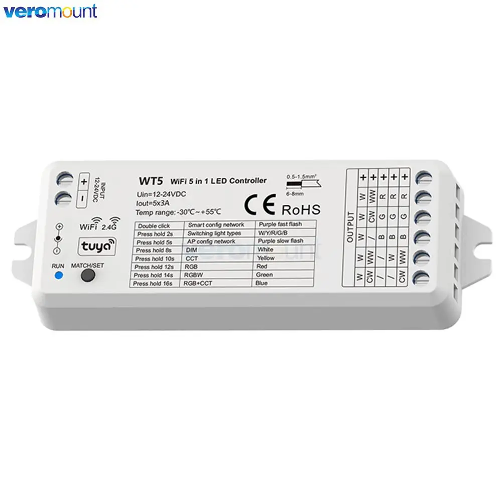 WT5 WiFi RGBCCT LED Controller DC12V 24V DIM CCT RGB RGBW Strip Wall Mount Touch Panel Control Tuya APP Echo Plus Voice Control