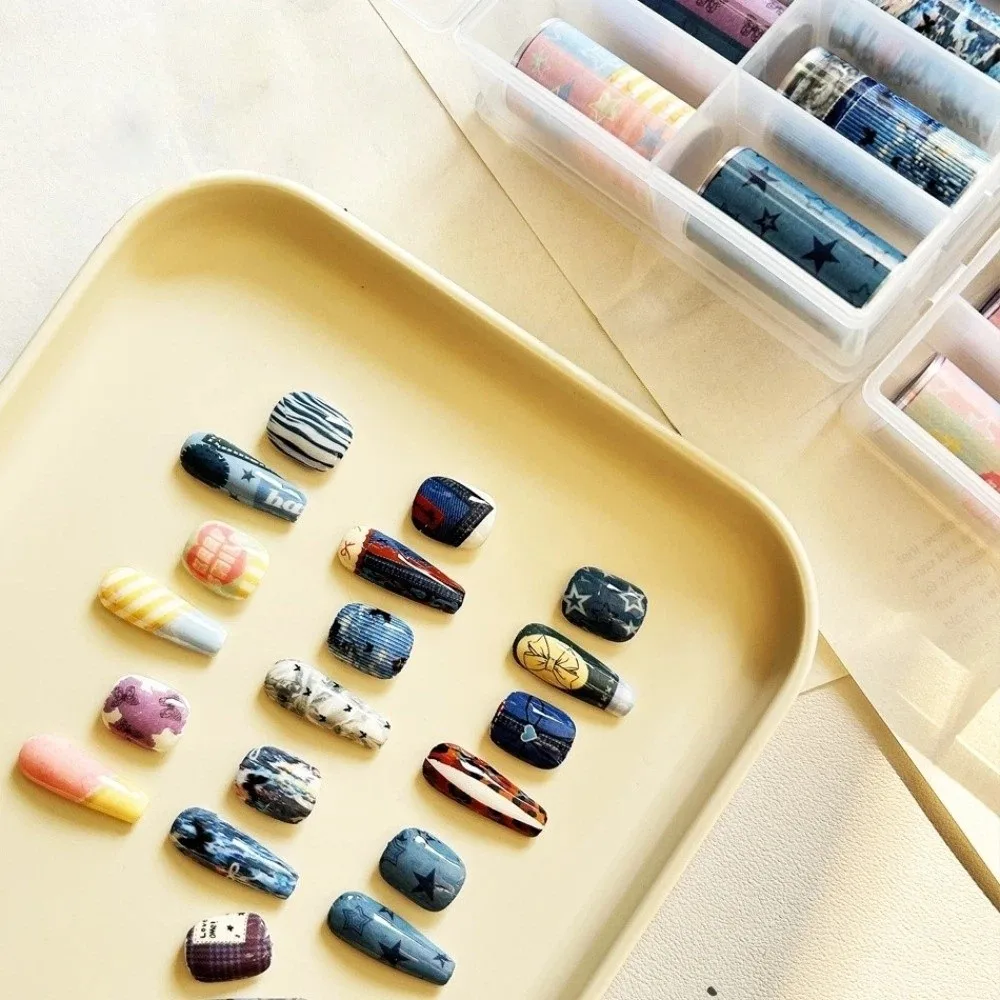 

10Rolls Colorful Nail Foils Transfer Paper Plaid DIY Nail Art Stickers Leopard Denim-like Manicure Set Decal Tape Salon Use