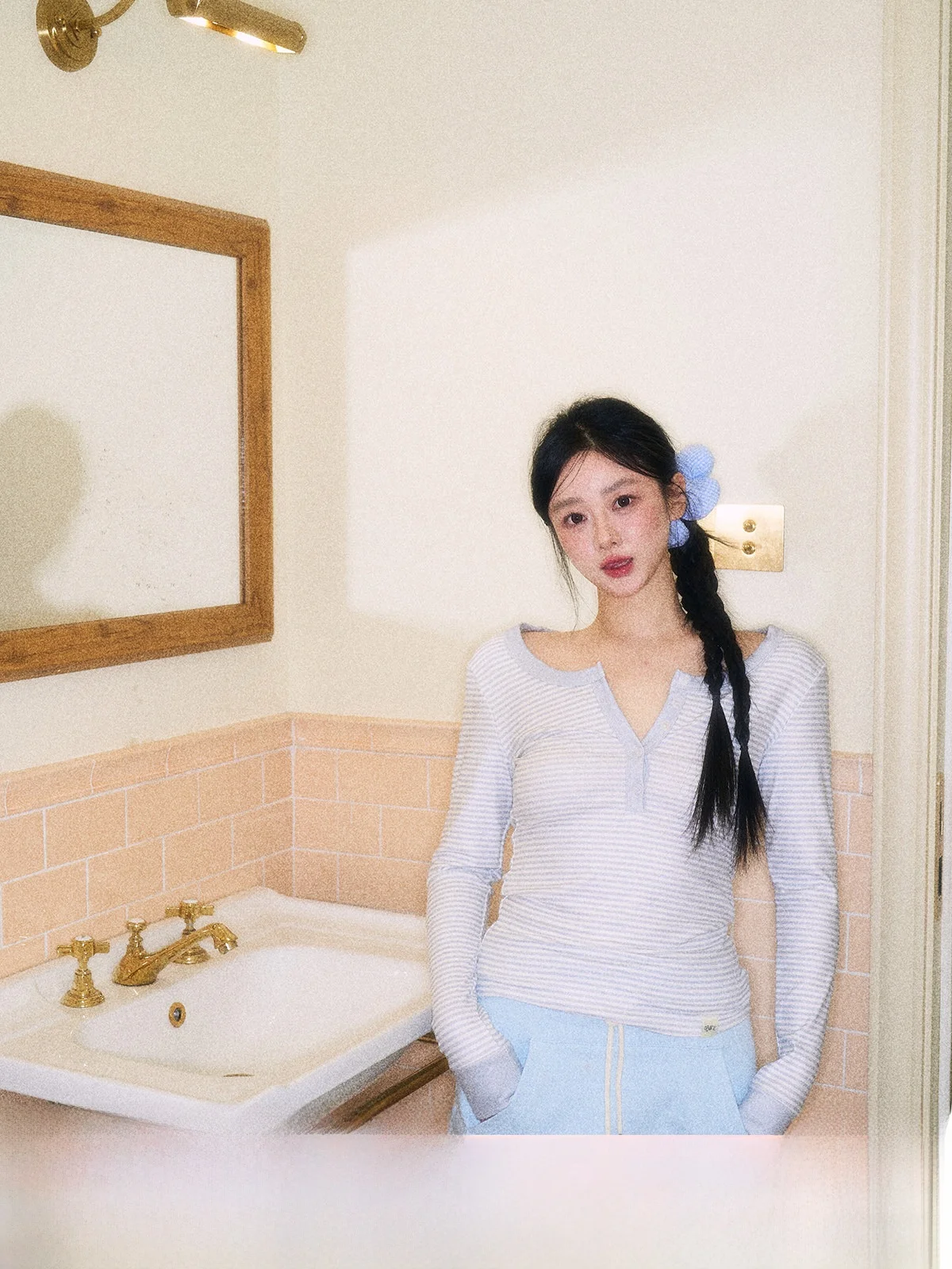 

Original Striped Long Sve T-irt Women Summer f Open Collar ort Sle Cotton Casual Fit pe Top