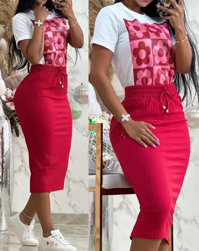 ผู้หญิงดอกไม้พิมพ์กราฟิกด้านบน & Drawstring Slit ชุดกระโปรง 2025 แฟชั่นฤดูร้อนเสื้อผ้าหญิงชุดลําลอง 2 ชิ้น